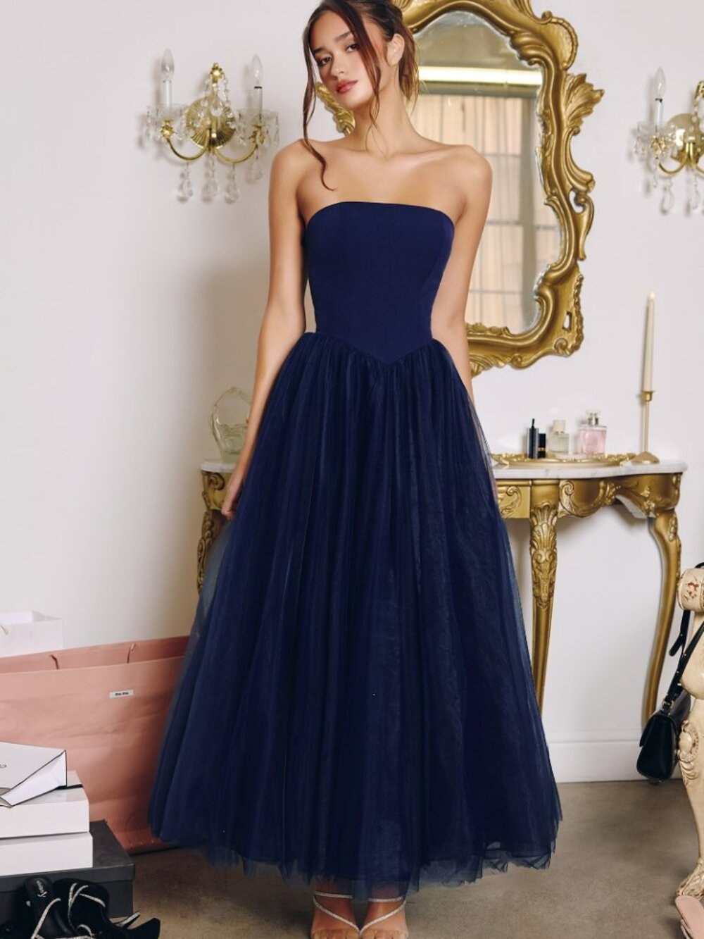 NEW NAVY Evening Gown Floor Length Formal Elegant Stunning T712